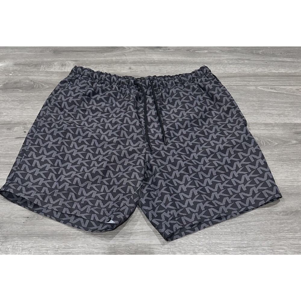 MICHAEL KORS SWIM TRUNKS MENS Large STRETCH DRASWTRING SHORTS MK ALL OVER PRINT